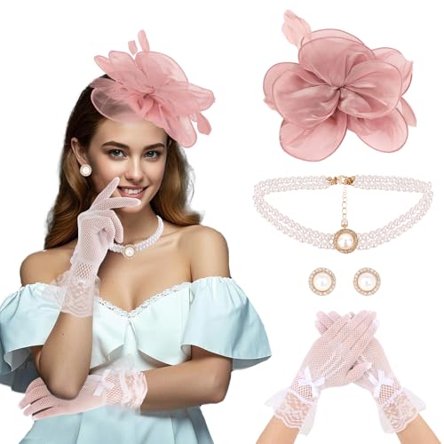 CURASA 4PCS Fascinators Hat For Women Flower Tea Party Hat With Lace Gloves Pearl Necklace Earrings Pink Feather Hats 1920s Cocktail Wedding Church Headwear Elegant Headpiece Jewelry Set