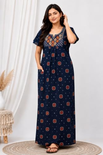 Image of Women's Pure Cotton Maxi Nighty, Jaipuri Embroidery Print, Short Sleeve Night Gown with Pocket