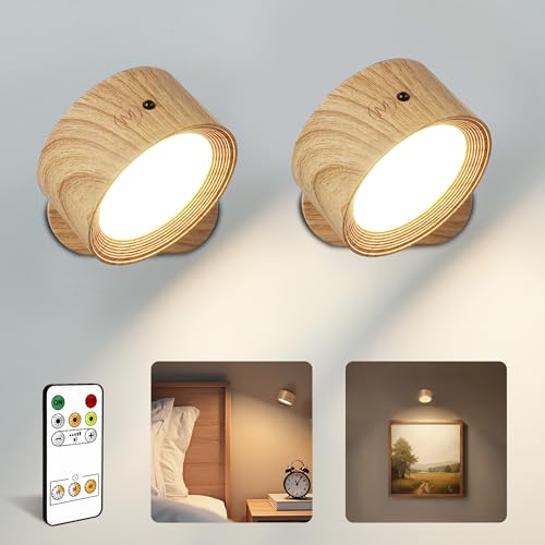 Image of LED Wall Mounted Lights, Rechargeable Wall Sconces Lamp, 3 Color Temps & Remote and Touch, 360Rotation Dimmable Cordless Wall Light for Study Bedroom Reading Bedside(Wood, 2 Pack)