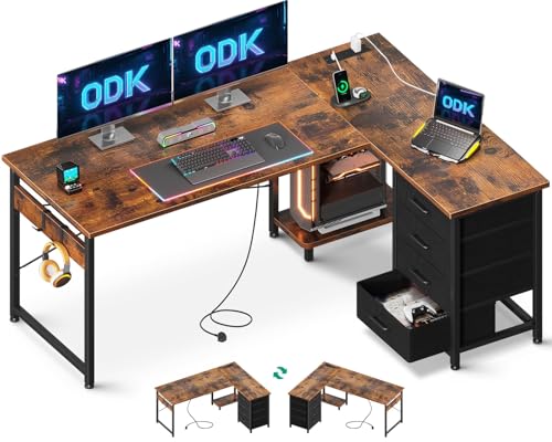 ODK Corner Desk with Drawers, Reversible L Shaped Computer Desk with Power Outlet, Office Desks with...