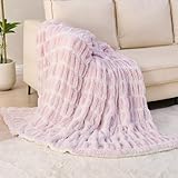 Picture of Warm Fuzzy Faux Fur Blanket, Elastic Striped Fleece Throw Blanket for Couch Sofa Bed Living Room, Light Pink Double-Sided Furry Blanket and Throws - 50"x 60"