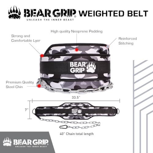 BEAR GRIP -Weighted Dip & Pull up Belt for Strength Training Bodybuildng (Camo Grey), One Size Fits Most - Image 2