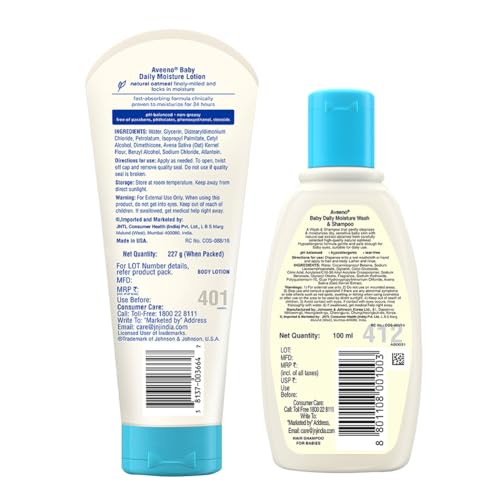 Image of Combo pack Aveeno Baby Daily Moisture Lotion (227g) + Wash and Shampoo (100ml) | With natural oat extract | Hypoallergenic, pediatrician recommended | Cleanses, nourishes, soothes & protects baby's sensitive skin