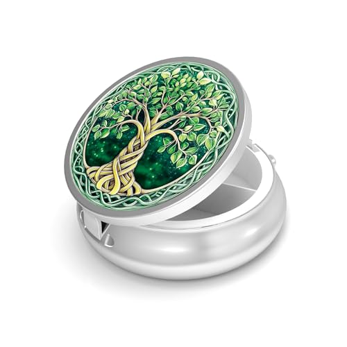 Image of Pill Box-3 Compartment Small Pill Case for Purse & Pocket Mini Metal Pill Holder Travel Pill Container to Hold Supplements Vitamins BPA-Free (Tree of Life)