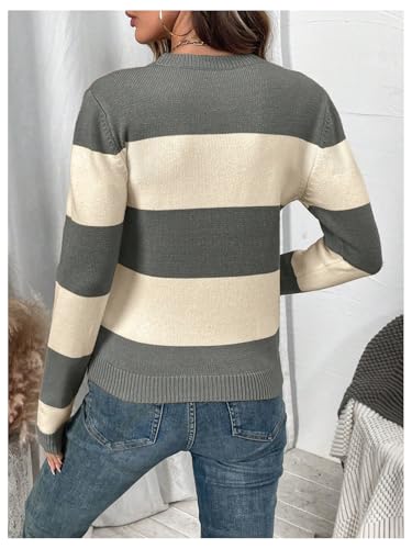 Verdusa Women's Colorblock Striped Sweater Crew Neck Pullover Knit Tops Daily Fall Clothes2