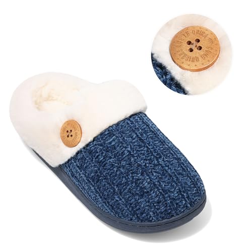 Image of Evshine Warm Knit House Slippers for Women Comfy Wool-Like Lined Chenille Slippers with Memory Foam and Indoor Outdoor Soles