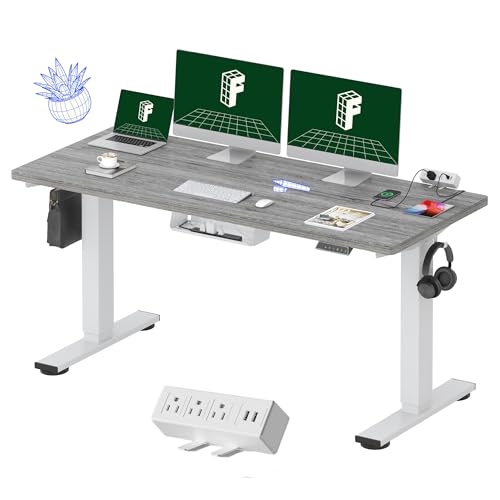 Image of FLEXISPOT EN2 Whole-Piece Standing Desk with Clamp Power Strip, 60 x 24 Electric Stand Up Height Adjustable Desk with Cable Management (White Frame + 60 inch Gray Wood Grain Desktop, 2 Packages)