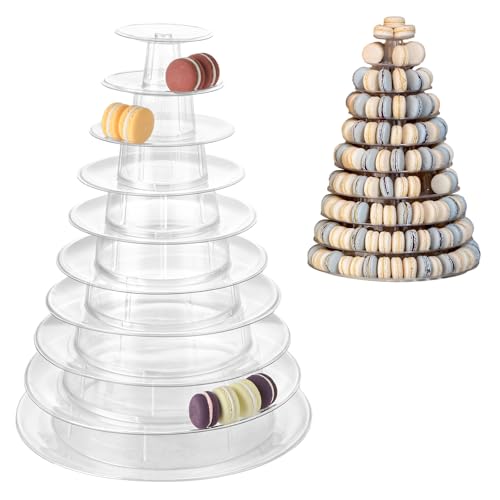 YAYODS Tour à macarons à 10 niveaux - Rond - Transparent - Présentoir à macarons en plastique - Pour mariage, anniversaire, fête prénatale