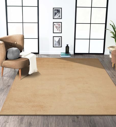 Image of Obsessions Large Indoor Polyester Carpet with Solid Pattern Felt Backing, Ideal for Bedroom & Living Room 160x230cm, Beige