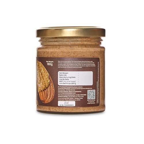 Image of The Premium Basket Almond Nut Butter - Unsweetened | Almond Nut Grade - Gold Premium | High dietary fibre | Rich in Protein | Transfat-Free | 180g Natural Spread (Pack of 2)