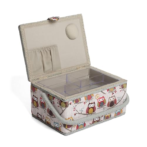 Hobby Gift Caja de Costura Mediana con Asa, Kit Organizador de Costura en Cesta de Algodón con Compartimentos para Herramientas y Accesorios, 18,5 x 25,5 x 14,5 cm, Búhos