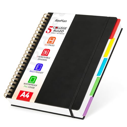 ReePlan 360 Pages A4 Spiral Notebook 5 Subject Notebooks College Ruled 100 GSM Thick Paper Lined Journal Large Note Book with Removable Dividers for School Office Work and Writing (Black)