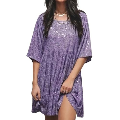 QKCQQTS Vestido Babydoll con Capas de Lentejuelas, Vestidos Sueltos con Purpurina de Corte A, Vestido de Verano con Purpurina Brillante para Mujer de Manga Corta (L,Purple)