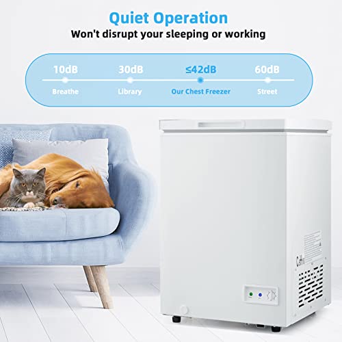 PETSITE 3.5 cu ft Chest Freezer, Compact Deep Freezer w/ 7-Grade Adjustable Temperature, Removable Storage Basket & 2 Wheels, Quiet & Energy-saving Freezer for Kitchen Apartment Office, White - Thumbnail 6