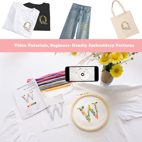 Image of Topapfo Alphabet Letter Q Stick and Stitch Embroidery Kit for Clothing, Beginners Embroidery Pattern Stabilizer Stencils Templates Needlepoint Clothes Tote Bags Jeans Shirts Crafts