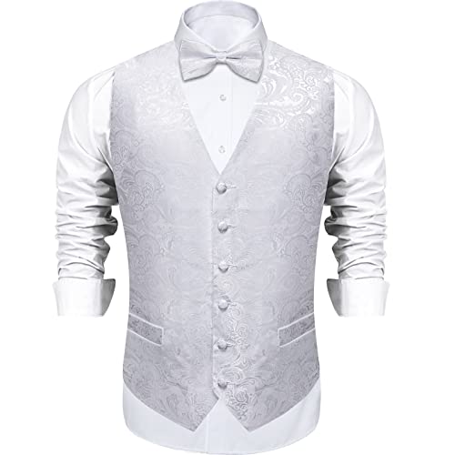 Image of DiBanGu Mens Paisley Suit Waistcoat,Silk Dress Vest and Bowtie Pocket Square Cufflinks with Lapel Pin Set for Wedding Tuxedo, White, X-Large
