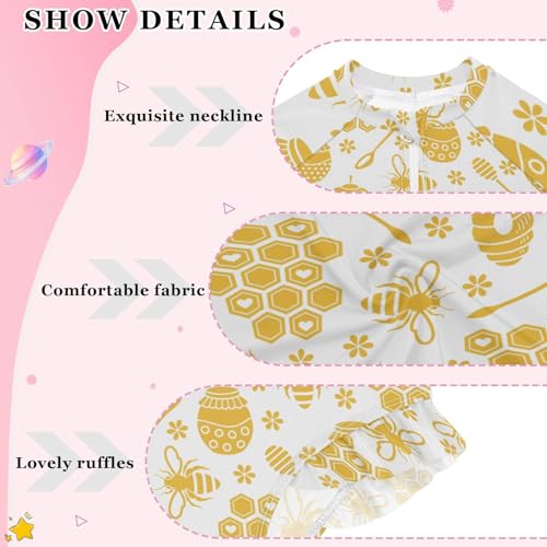 Girls One Piece Swimsuits Long Sleeve Swimsuit Zipper Bathing Suits Yellow Bee Honey3