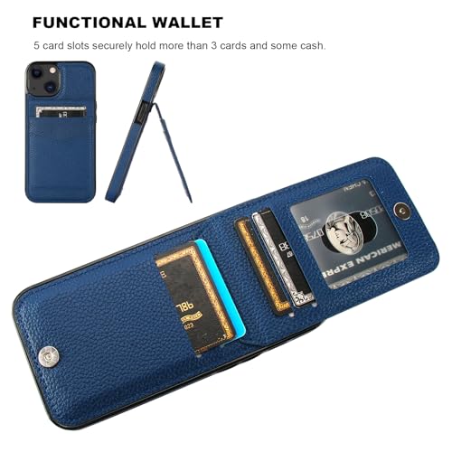 Image of KIHUWEY Compatible with iPhone 13 Case Wallet with Credit Card Holder, Premium Leather Magnetic Clasp Kickstand Heavy Duty Protective Cover for iPhone 13 6.1 inch (Lichee Blue)