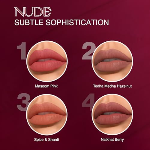 Image of Nourish Mantra Muted Magic Matte Liquid lipstick combo with SPF 15 Set of 4(1.2ml Each) | Mini Lipsticks| nudeshade lip stick | brown lipsticks | Water Proof | Smudge Proof | transfer Proof | Long Lasting| Suits all skin tones