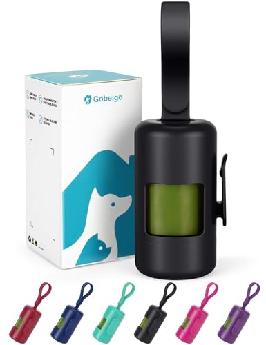Gobeigo Dog Poop Bag Holder【Convenient Hook for Used Bags】【Silicone Strap Fits Any Leash】【Large Opening for Easy Dispensing】with 1 Roll Waste Bags (Black)