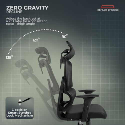 Image of Kepler Brooks Imperia Elite Office Chair for Work | 3-Year Warranty | Ergonomic Office Chair, Study Chair for Home, 2D Headrest, 3D Armrest, Multi Lock Seat Slider Mechanism, Aluminium Base (Black)