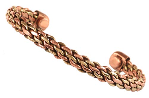 Image of Touchstone Copper Magnetic Hand Forged With Solid And High Gauge Tibetan Style Multi Layer Braid Pattern Minimalistic Elegance Pure Copper Bracelet In Two Tones.