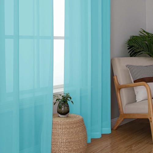 Image of OWENIE Short Aqua Sheer Curtains 36 Inch Length 2 Panels Set, Kitchen Tiers Curtains Light Filter Rod Pocket Voile Cafe Curtain for Basement Bathroom Small Half Window, 42 inch W x 36 inch L, Aqua