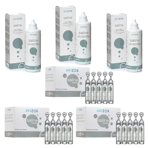 Avizor Saline - Mega Pack Ahorro - 3 botes de 350ml + 3 cajas de 30x5ml - Solución Salina para Enjuagar, Hidratar y Cuidar tus Lentes de Contacto