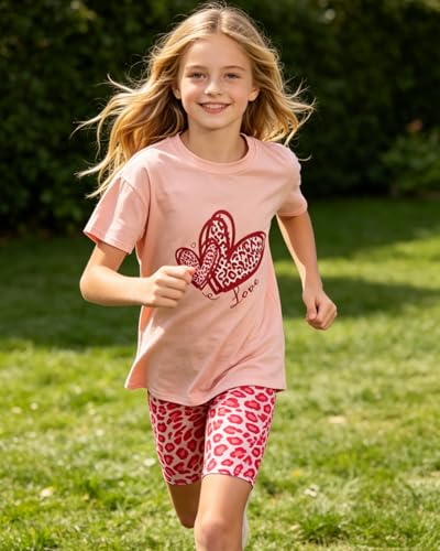 Image of 9-16Y Tween Girl Clothes 2 Piece Short Sleeve Heart Print Top and Shorts Teen Girl Summer Outfits Short Set