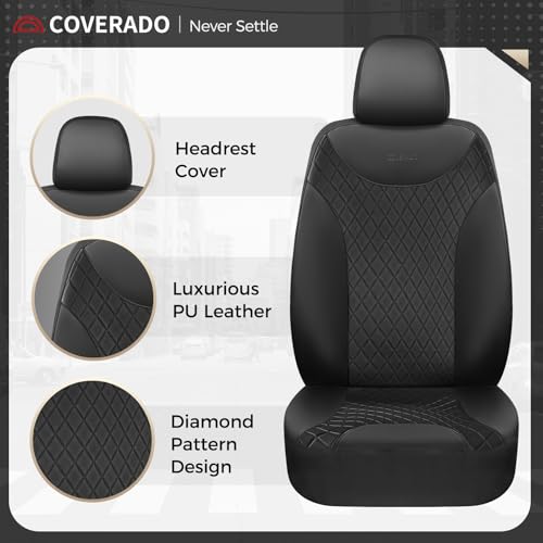 Image of Coverado Front Seat Covers, Black Leather Car Seat Covers 2-Pack, Waterproof Car Seat Protectors, Automotive Seat Covers, Driver Seat Covers Universal Car Seat Cushions Fit for Most Sedan, SUV, Truck