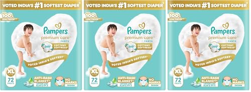 Image of Pampers Premium Care Pant Style Baby Diapers | Extra-Large (XL size) | 72 Count | Voted India's Softest | All-in-1 with 360 Cottony Softness Diapers | 12-17kg (Pack of 3)