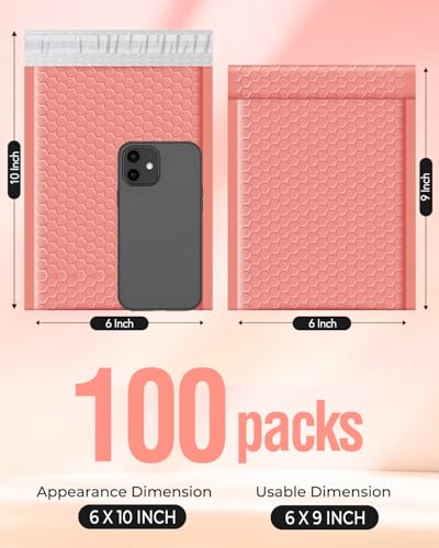 Image of Metronic Bubble Mailers 6x10 inch 100 Pack Pale Pink Self-Seal Padded Envelopes