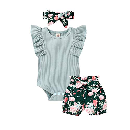 Image of Tiny Cutey Baby Girl Clothes Infant Summer Outfits Set Ruffle Sleeve Romper and Floral Shorts with Headband