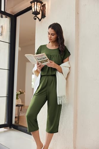Image of Ekouaer Women's Capri Pajama Set Short Sleeve Mumu Pjs Pleated Top Capri Pants with Pockets Sleepwear Lounge Set