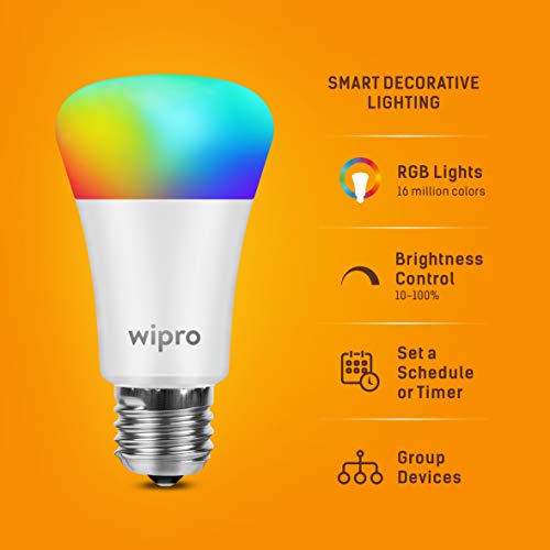 Image of Wipro WiFi Enabled Smart LED Bulb E27 9-Watt (16 Million Colors + Warm White /Neutral White /White) (Compatible with Amazon Alexa and Google Assistant) (NS9310)