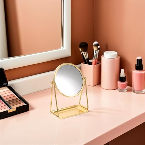 Espejo redondo dorado con bandeja de almacenamiento de metal para maquillaje sin instalación 6