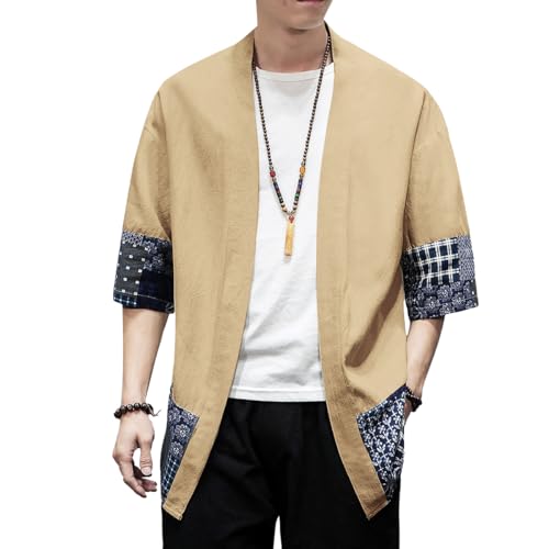 Mens Kimono Cardigan Cotton Linen Japanese Kimono Jacket 3/4 Sleeve Haori