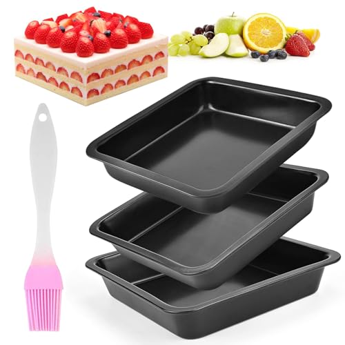 6 Inch Cake Tin Set Of 3, Non-Stick Quare Baking Tin With 1 Brush, Stainless Steels Cake Trays For Baking, Heavy Duty Carbon Steel Oven Tray, Easy To Cook Cheesecakes, Pie And Quiches Brownies, Black