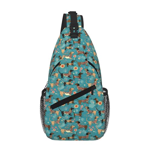 Dachshund Dog Floral Casual Sling Backpack Cross Body Chest Bags for Unisex Teal Pink Flowers Adjustable Shoulder Bag Multipurpose Daypack