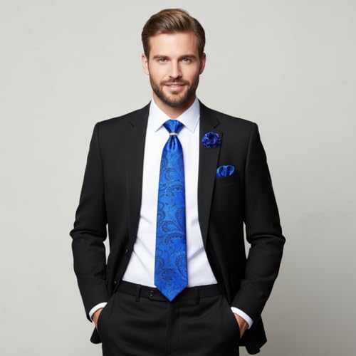 Image of 5PCS Mens Silk Tie, Pocket Square, Cufflinks, Drilled Tie Ring and Lapel Pin Set for Wedding Groom Party