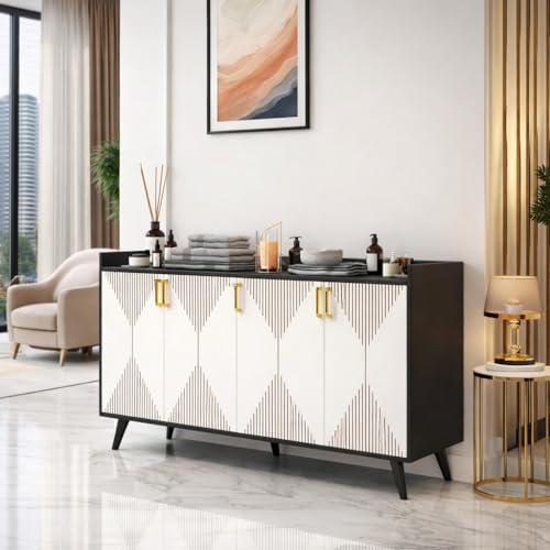 Image of Spyder Craft Mid-Century Modern 5-Door Sideboard Buffet - Geometric Diamond Pattern Credenza with Gold Hardware & Tapered Legs - Large Wood Storage Cabinet for Living Room, Dining Room- Black & White