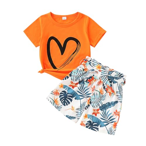 Image of KIDLAGA Toddler Kid Girl Outfits Clothes Floral Short Sleeve T-Shirt Top + Waist Pocketed Summer Short Sets 4-7T Girl Clothes