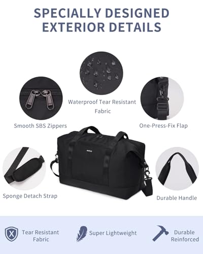 ECOHUB Travel Duffel Bag Carry on Luggage Bag for Airplanes Lightweight Weekender Overnight Shoulder Bag for Women Men Hospital Bag with Trolley Sleeve 30L Black image 3