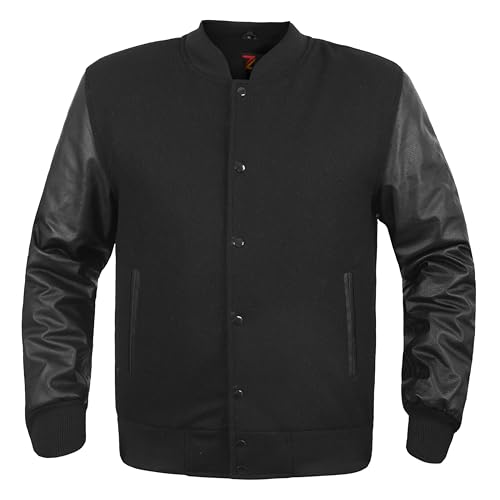 Varsity Jacket Men’s Genuine 100% Cowhide Leather Sleeve and Wool Blend Varsity Letterman Jackets, Black2