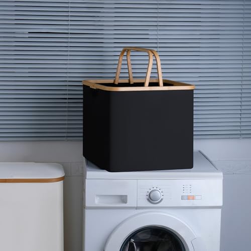 iEGrow Laundry Hamper with Bamboo Handle,60L Laundry Basket,Collapsible Laundry Baskets,Dirty Clothes Hamper for College Dorm, Family,Black