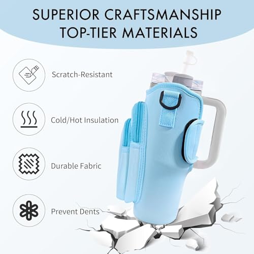 Image of House of Quirk Water Bottle Carrier Bag with Phone Pocket for Stanley 40 /30 oz Tumbler Neoprene Water Bottle Holder Pouch with Adjustable Strap (Blue)
