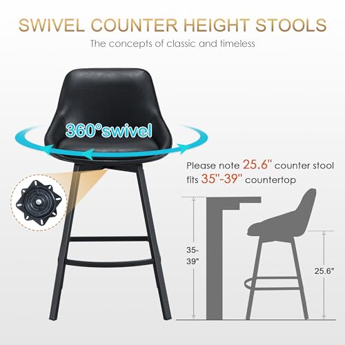 Image of Zesthouse Swivel Counter Height Stools Set of 4, Modern Upholstered Barstools with Backs, 26'' Faux Leather High Chairs for Island Kitchen, Counter Height Chairs with Metal Legs, Black