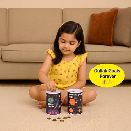 Image of Market99 Money Bank Set of 2 | Black Round Tin Coin Banks with Glossy Finish & Solar System Design | Stylish Piggy Banks for Kids & Adults | Ideal for Saving Coins at Home, Desk & Gifting Use
