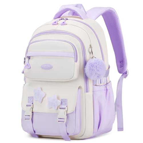 Amythe Mochilas Escolares para Niñas Adolescentes Mochila Infantil Grande para Chicas 10 12 14 años con Colgante de Pompón, Mochila Colegio de Viaje Casual, Apta para Carrito, Morado
