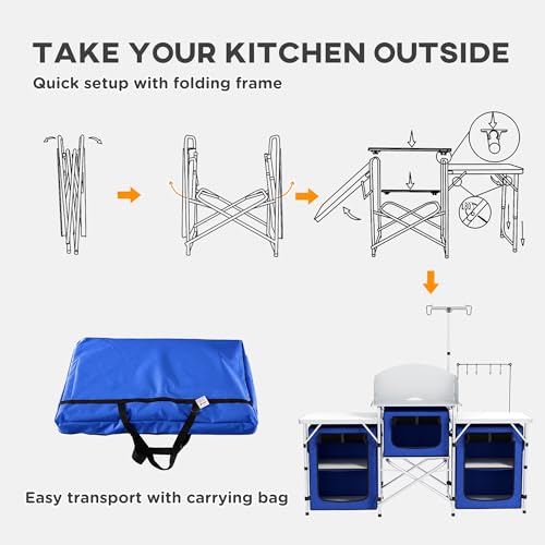 Outsunny Camping Kitchen Table, Portable Folding Camp Kitchen, Aluminum Cook Station with 3 Fabric Cupboards, Windshield, Carrying Bag for BBQ, RV, Picnic, Blue